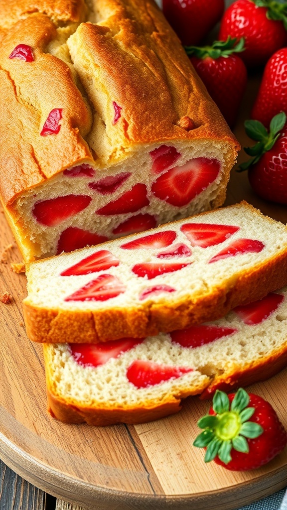 Sliced strawberry bread on a wooden board, showcasing its moist texture and strawberry pieces.